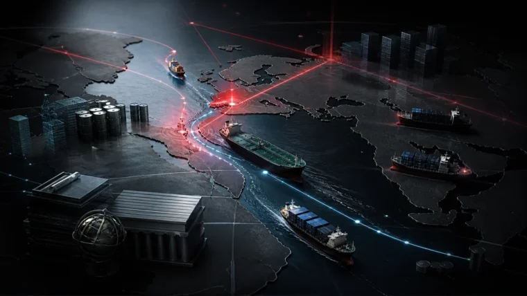 İran yaptırımları ve küresel ticaret baskısını simgeleyen yazısız tanker, konteyner gemileri ve finans ağı