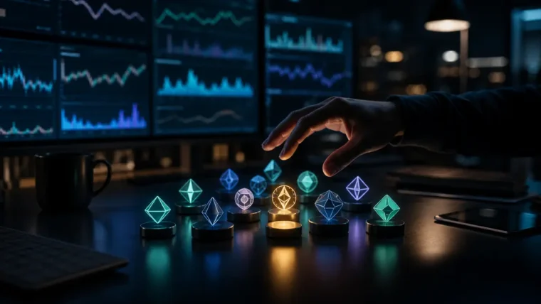Aktif kripto ETF sepetini inceleyen el ve piyasa ekranları