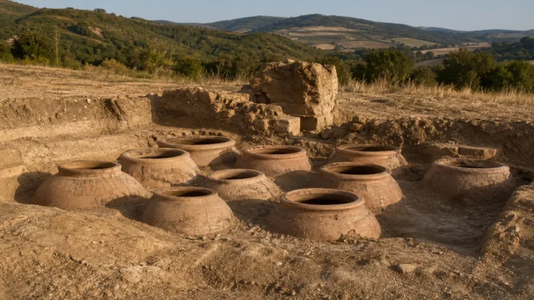 Podere Cannicci’de özgün düzenleriyle korunmuş büyük terrakota doliaların arkeolojik depo sahnesi