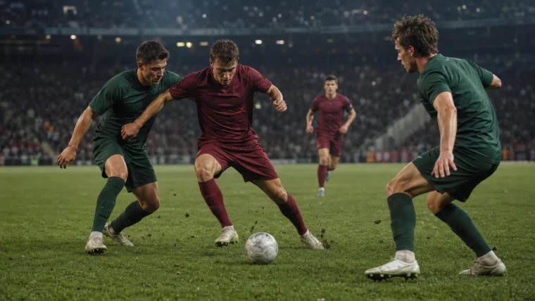 Gece maçında topu korumaya çalışan kurgusal futbolcunun iki rakip arasında sıkıştığı yazısız futbol sahnesi