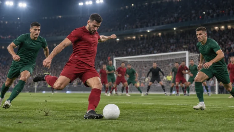 Kurgusal gece maçında ceza sahası dışından düz beyaz topla şut çeken futbolcu