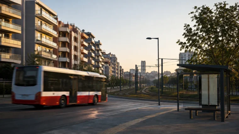 Sabah ışığında şehir içi ulaşım, apartmanlar ve uzakta görünen toplu taşıma hattı
