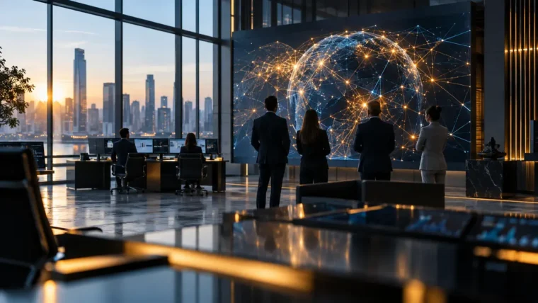 Şafak ışığında soyut finansal ağ ekranını izleyen operasyon ekibi