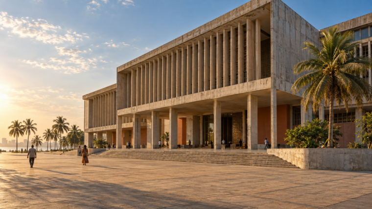 Tropik bir kentte güneş altında geniş merdivenleri ve gölgelikli girişi bulunan yazısız modernist kamu yapısı