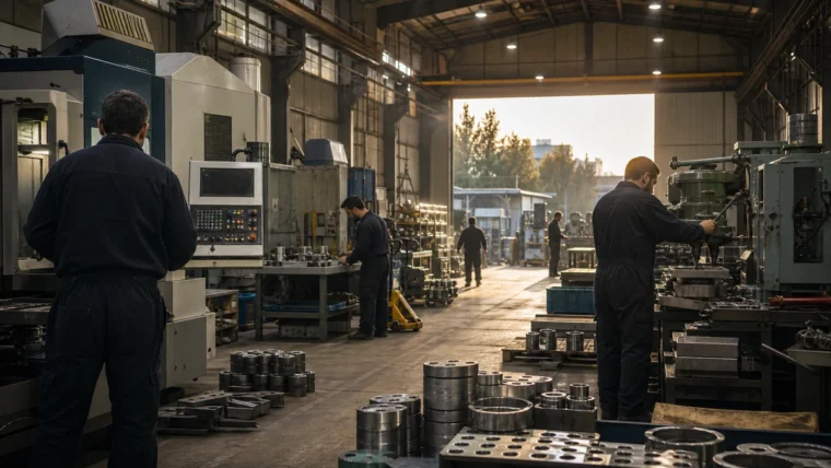 Modern bir imalathane içinde hassas makinelerle çalışan işçiler ve metal parçalar