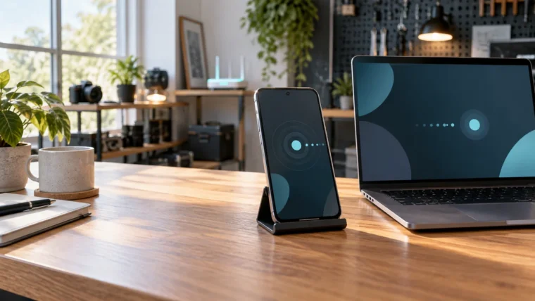 Telefon ve dizüstü bilgisayarın kablosuz hata ayıklama için eşleştirildiği yazısız editoryal teknoloji görseli.