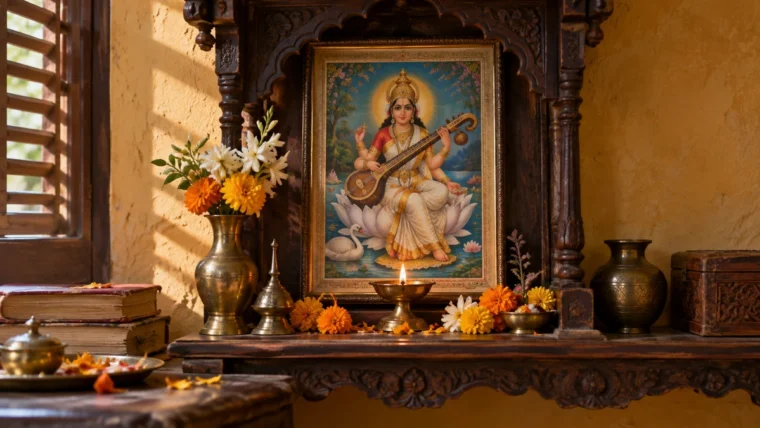 Ahşap ev sunağında Saraswati'nin renkli baskısı, pirinç kandil ve çiçekler