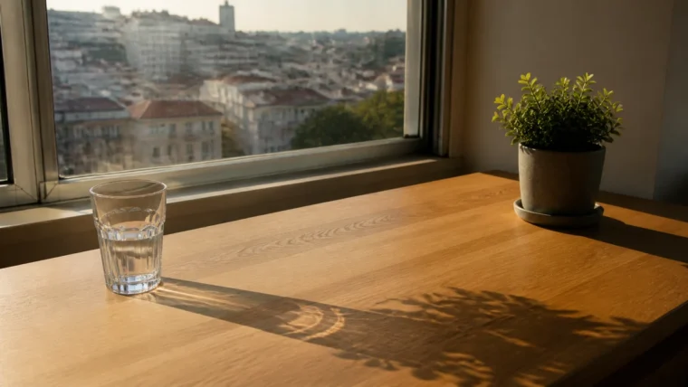 İstanbul manzaralı bir pencere önünde, masaya uzun öğleden sonra gölgesi düşüren saksı bitkisi ve su bardağı