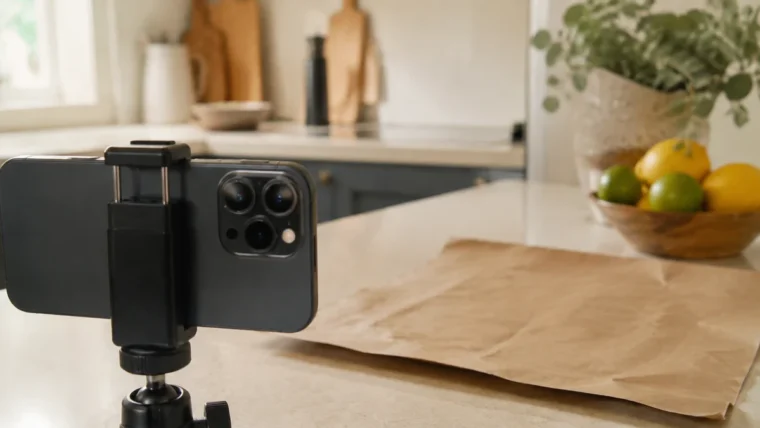 Mutfak tezgâhındaki nesnelere yöneltilmiş, küçük tripod üzerindeki yazısız telefon kamerası