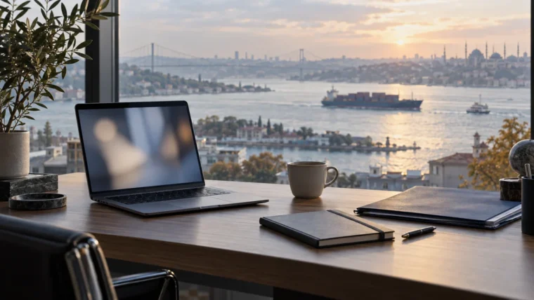 Yazısız İstanbul manzarasında bilgi yoğun hizmetler ile deniz lojistiğini çağrıştıran çalışma masası