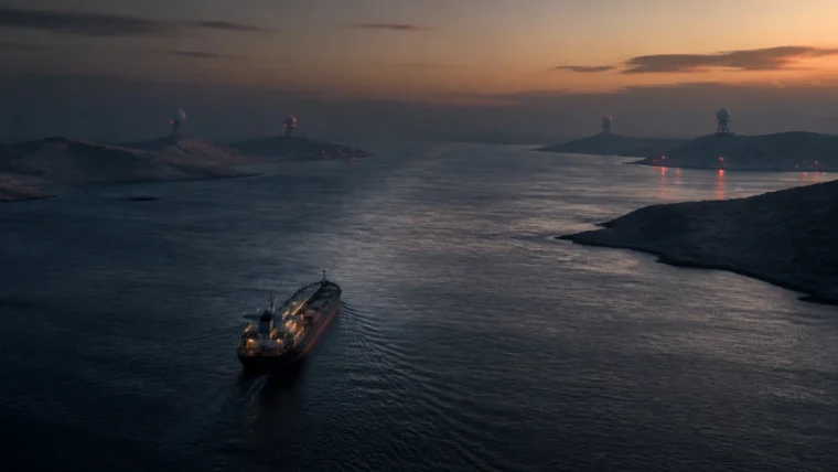 Dar ve karanlık bir deniz geçidinden ilerleyen isimsiz ticari tanker