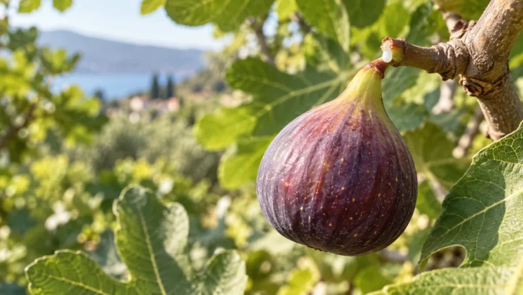 İncir ağacında, kopan sapında küçük beyaz lateks damlası bulunan mor incir