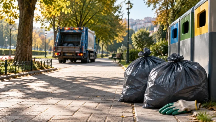 Sonbahar sabahında park kaldırımında atık torbaları, iş eldivenleri ve arka planda yaklaşan çöp toplama aracı