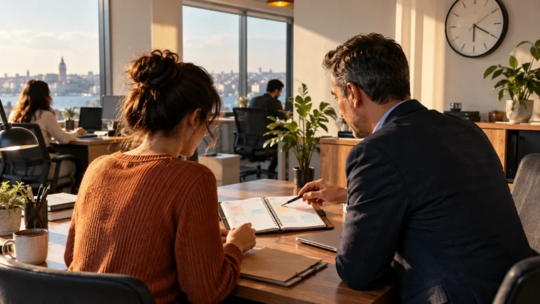 Kısmi çalışma saatleri ve görev devrini görüşen iki kişinin yazısız ofis sahnesi.