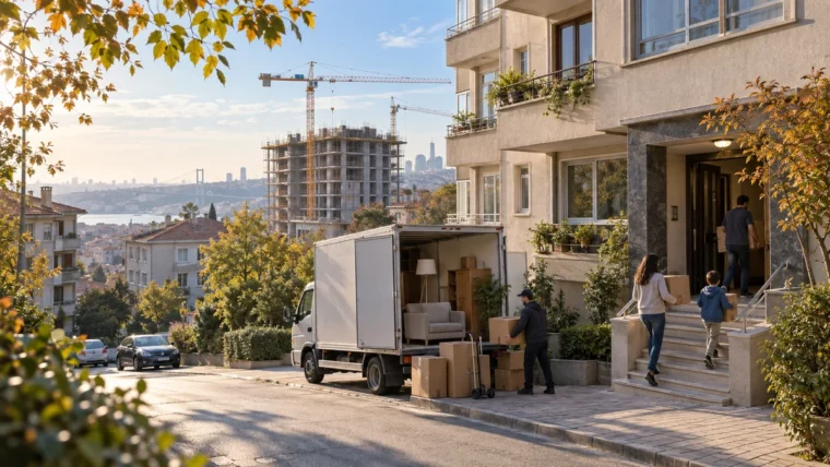 İstanbul'da mevcut apartman önünde taşınma kamyonu ve arka planda yeni konut inşaatı