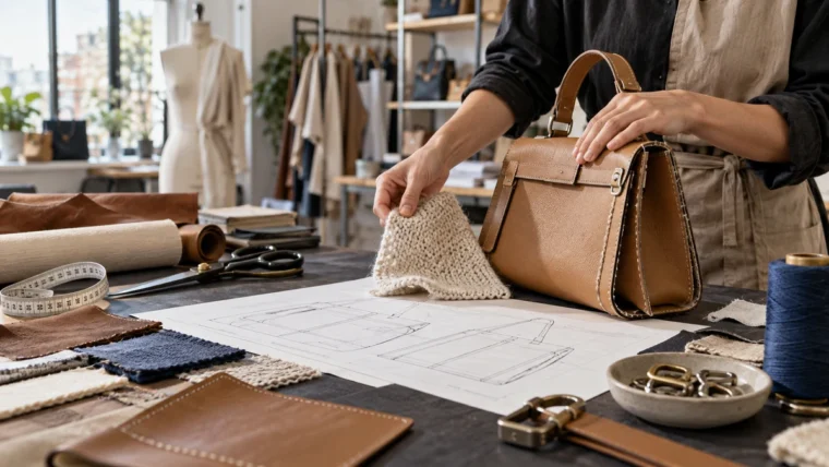 Moda atölyesinde deri çanta numunesi, kumaş örnekleri ve üretim araçları