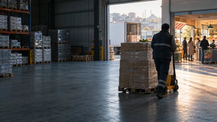Yazısız sabah ışığında depo, paletli ürünler ve açık mahalle marketi