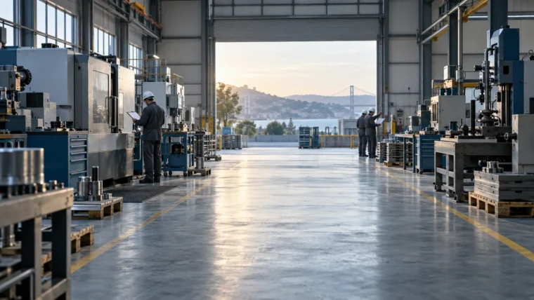 Yazısız modern fabrikada üretim hattı ve gün ışığı alan sakin çalışma alanı