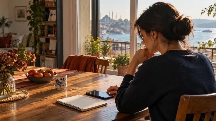 İstanbul manzaralı evinde tercih öncesi markasız telefonunu inceleyen yetişkin kadın