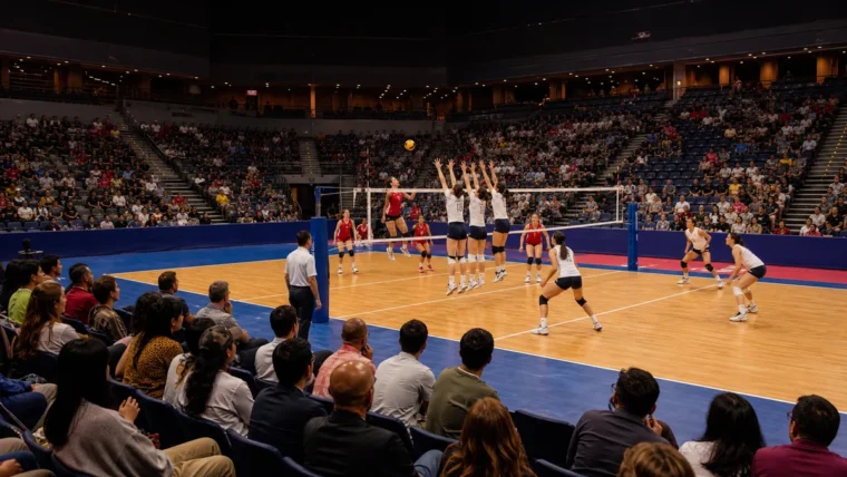 Voleybol sahasında oynanan ralliyi izleyen kalabalık