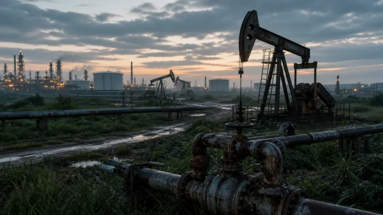 Ağır petrol sahasında eski boru hattı, pompa ve uzaktaki rafineri tesisleri