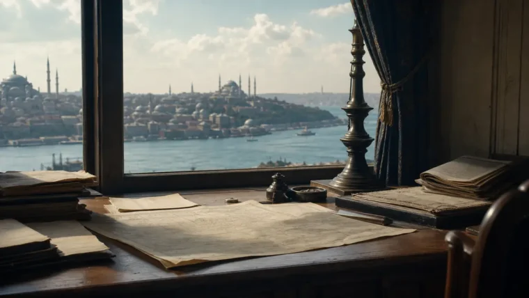 İstanbul manzarasına bakan tarihî çalışma masası ve boş belgeler