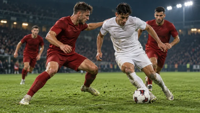Yazısız temsili futbol maçında top taşıyan oyuncuya yakın baskı yapan iki oyuncu