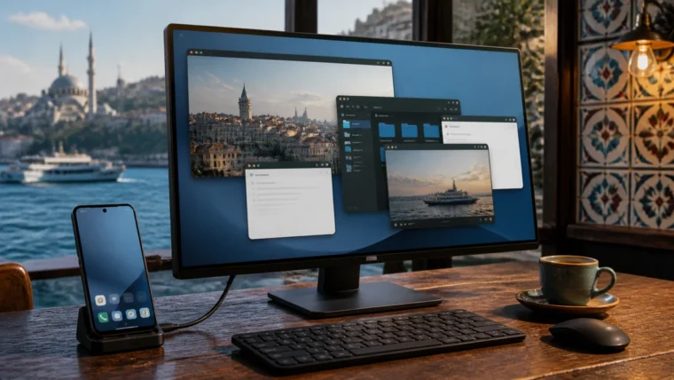 Android 17 ile telefondan monitöre açılan masaüstü pencereleri; metinsiz editoryal teknoloji görseli.