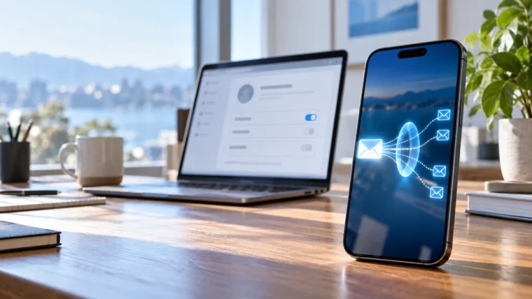 Akıllı telefondaki e-posta yönlendirme çizgileri ve hesap ayarları açık dizüstü bilgisayarı gösteren editoryal kapak