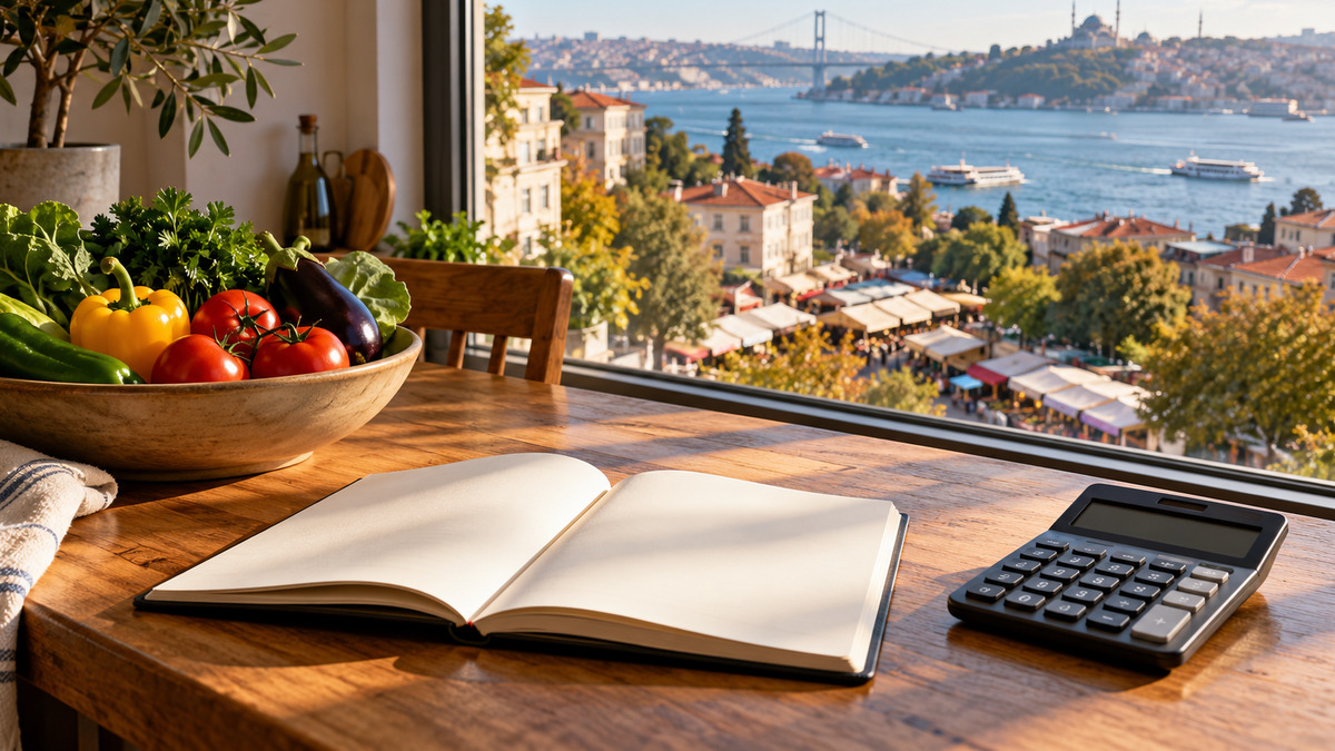 Sabah ışığında İstanbul manzaralı mutfak masasında boş not defteri, hesap makinesi ve sebze kasesi