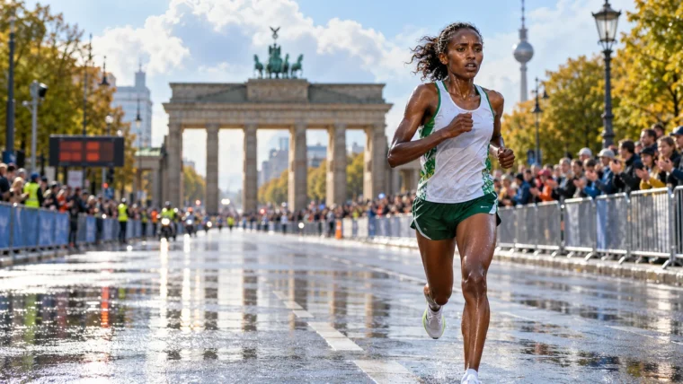 Berlin'de ıslak bir caddede koşan kurmaca kadın maratoncu; arka planda Brandenburg Kapısı ve seyirciler