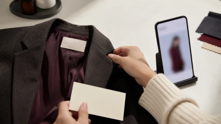Moda reklamında kıyafet, boş etiket, kumaş örnekleri ve akıllı telefonla reklam ilişkisinin açıklanmasını anlatan temsili editoryal sahne.