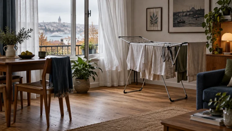 Açık pencere yanında, geçiş yolunu açık bırakan katlanır çamaşır askısının bulunduğu temsili İstanbul apartman salonu