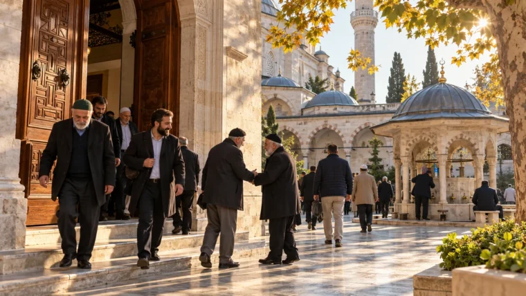 Sabah namazından sonra cami avlusunda açık kapıdan çıkan ve selamlaşan insanlar