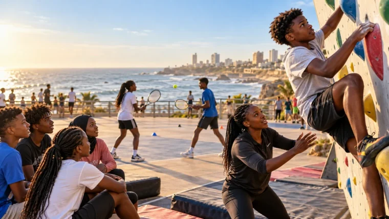 Dakar kıyısındaki açık spor alanında tırmanış duvarını deneyen gençler ve tenis oynayan katılımcılar