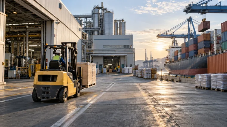 Liman vinçleri ve konteynerlerin yanında fabrikaya yük taşıyan forkliftle üretim girdisi sahnesi