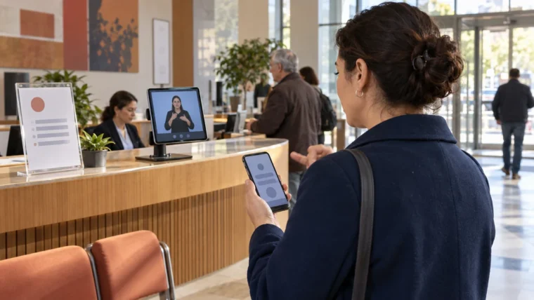Kamu hizmeti gişesinde telefon kullanan bir kadın ve uzaktan Türk İşaret Dili tercümanı görünen tablet