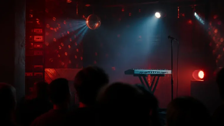 Emir Yargın Klas Pop konseri için sahnede synthesizer ve mikrofon