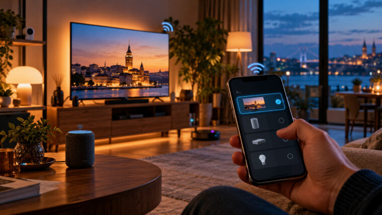 Akşam ışığındaki evde telefondan televizyon veya hoparlör seçen kullanıcı