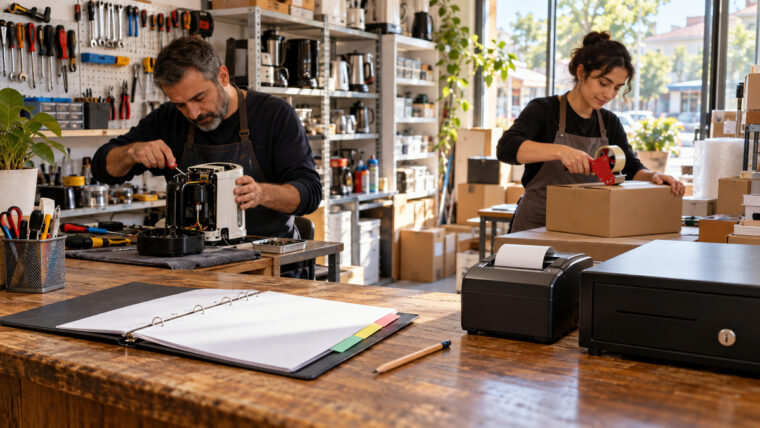 Küçük işletme atölyesinde ürün onarımı, paketleme ve açık kayıt dosyası