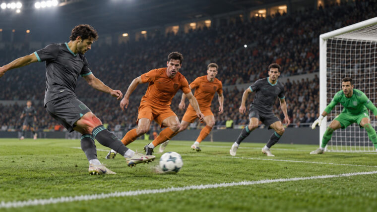 Yazısız, kurgusal futbolcuların sol çizgiden ceza sahasına alçak orta yaptığı hareketli futbol sahnesi