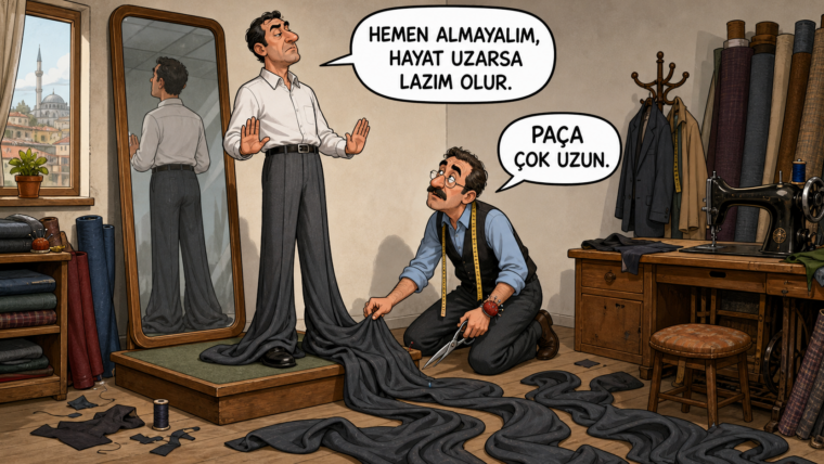 Terzide aynanın önünde paçaları yerde uzayan pantolonla duran müşteri, terziye paçayı hemen almayalım hayat uzarsa lazım olur diyor.