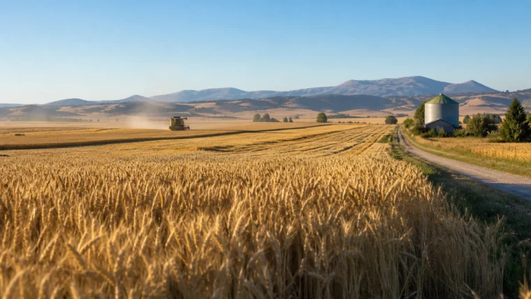 Hasat edilmiş tahıl tarlası yanında ürün kasaları ve taşıma yolu