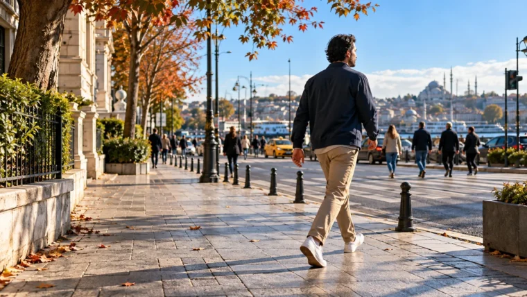 Sonbahar ışığında şehir geçidine doğru doğal tempoda yürüyen kişinin ayak, gövde ve kol hareketini gösteren yazısız editoryal görsel.