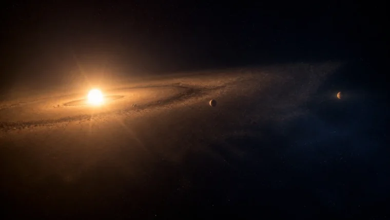 Beta Pictoris çevresindeki gezegen sistemini gösteren yazısız bilimsel görsel