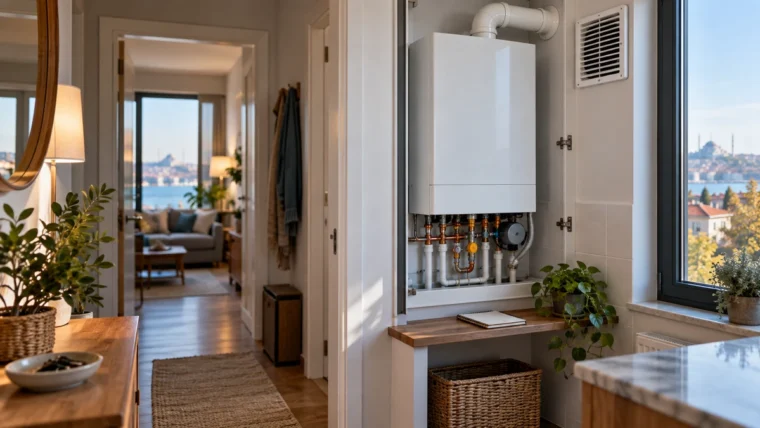 Açık servis alanı ve menfezi görünen, markasız temsili apartman mutfağında duvar tipi ısıtıcı cihaz.