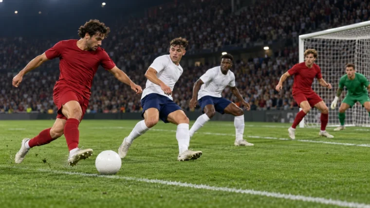Gece maçında kırmızı formalı kurgusal futbolcu ceza sahası önünde düz beyaz topa vururken beyaz lacivertli iki savunmacı dönüyor.