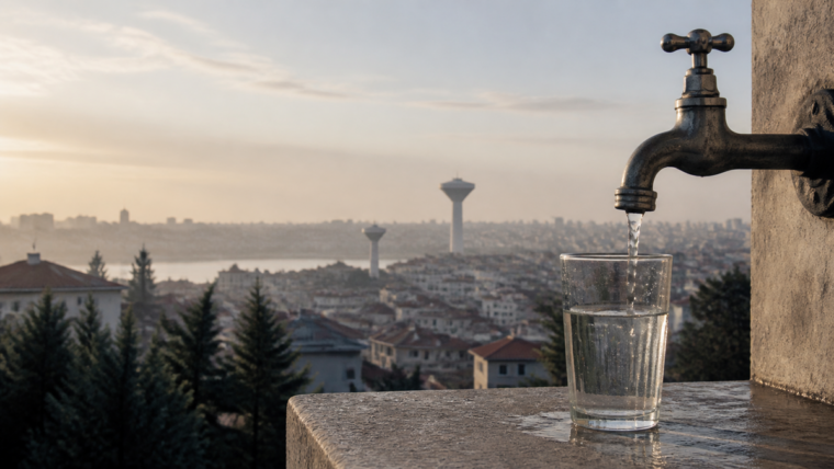 İstanbul manzarasında musluktan akan su ve su bardağı