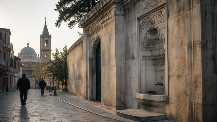 İstanbul’un cami, kilise, çeşme ve tarihî sokak katmanlarını gösteren yazısız editoryal görsel.