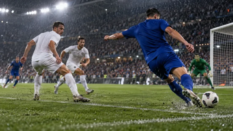 Yağmurlu gece maçında mavi formalı kurgusal futbolcu ceza sahası kenarından orta yaparken beyaz formalı iki savunmacı içe kapanıyor.